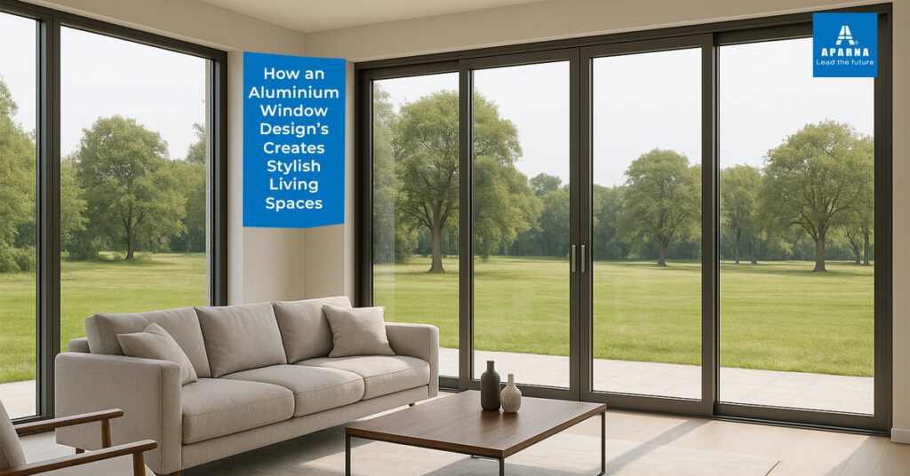 Modern living room with large aluminium windows by aparnaenterprisesltd.