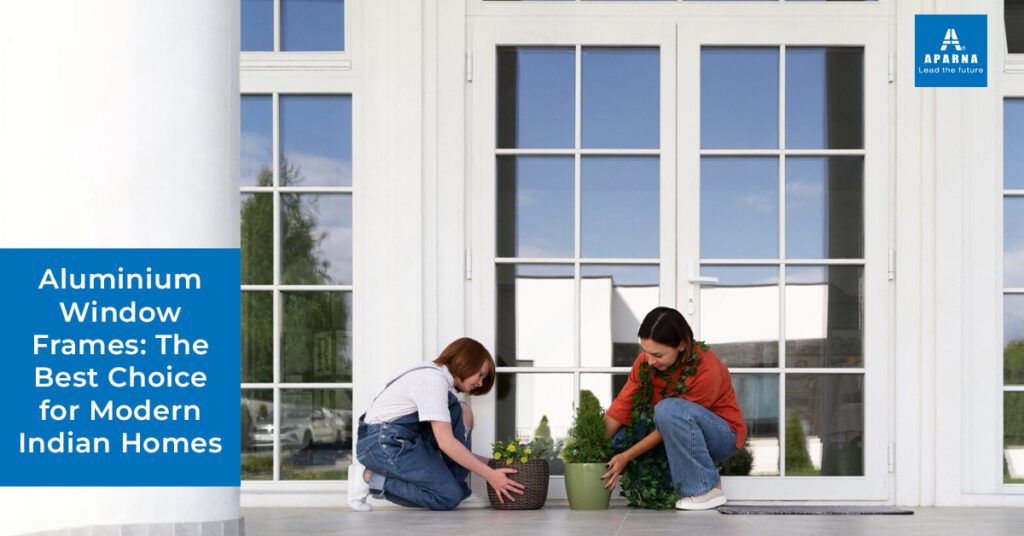 Aluminium window frames in a modern Indian living room.