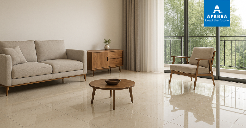 Glossy vitrified tiles flooring in a modern Hyderabad living room