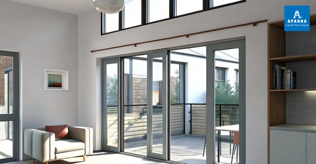 Modern living room with large aluminium sliding doors opening to a balcony by Aparna